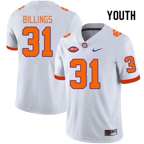 Youth Clemson Tigers Rob Billings #31 College White NCAA Authentic Football Stitched Jersey 23TI30BR